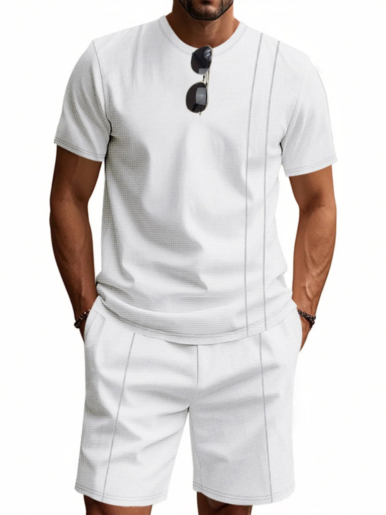 Men's Full Size Round Neck Short Sleeve Top and Shorts Set Plus Size White Easy Apparels