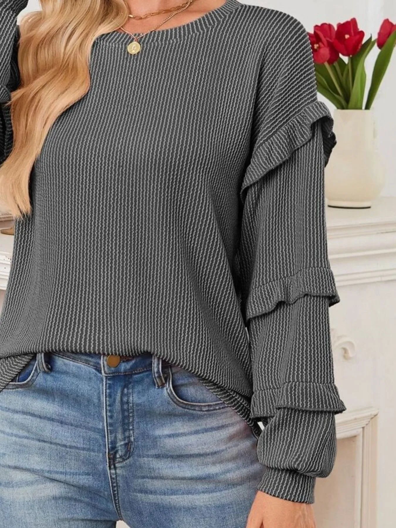 Trendsi Ruffled Round Neck Long Sleeve Sweatshirt