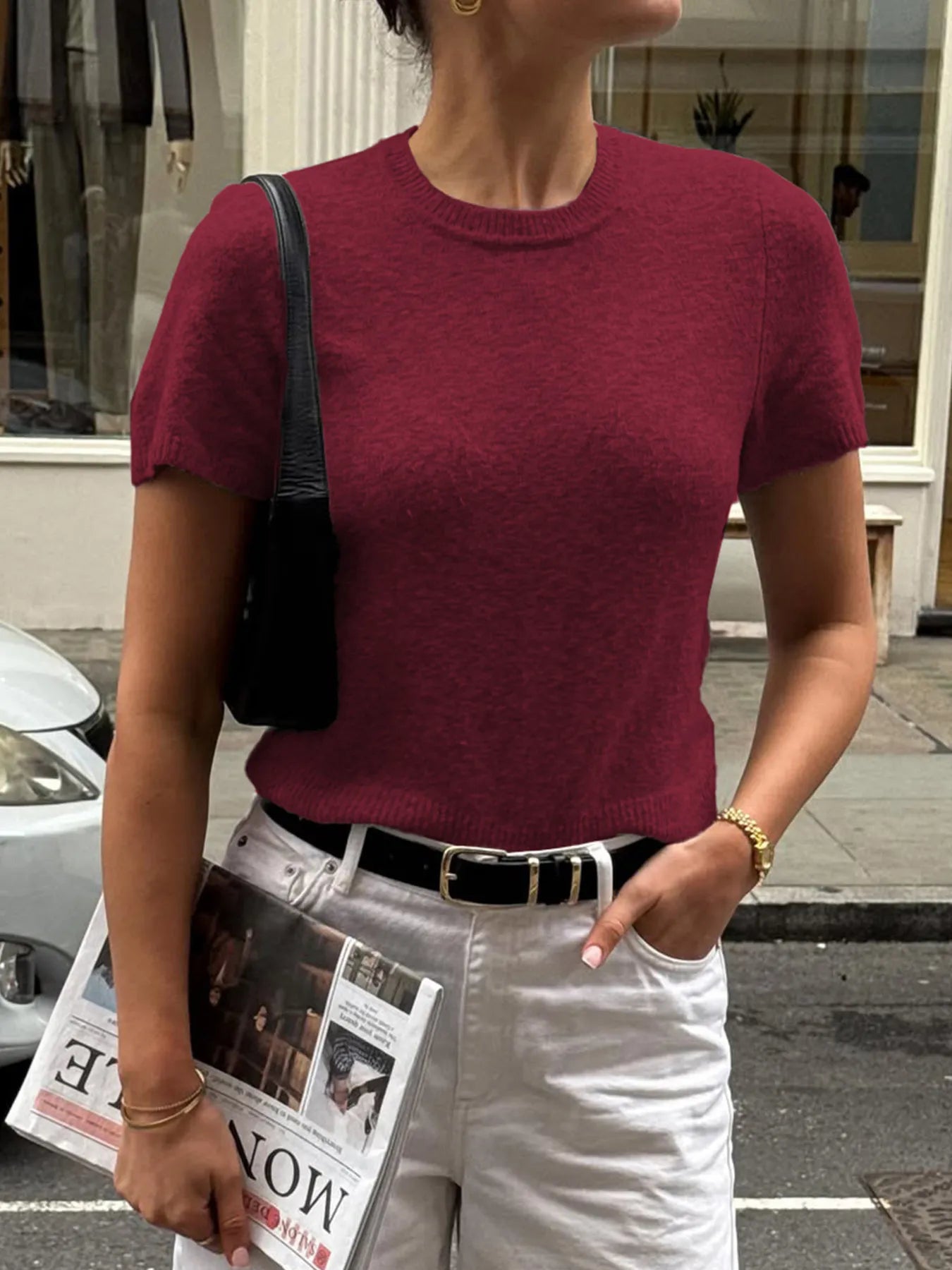 Trendsi Round Neck Short Sleeve Sweater Burgundy