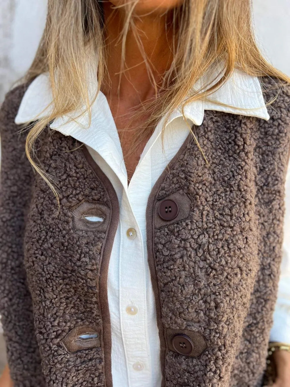 Full Size Pocketed Button Up V-Neck Sherpa Vest Easy Apparels