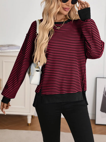 Trendsi Exposed Seam Striped Contrast Sweatshirt Burgundy