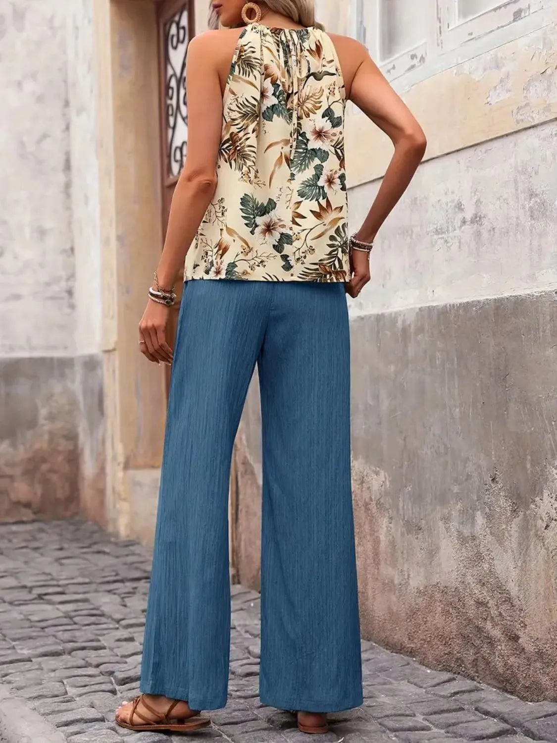Printed Tank Top and Wide Leg Pants Set Easy Apparels