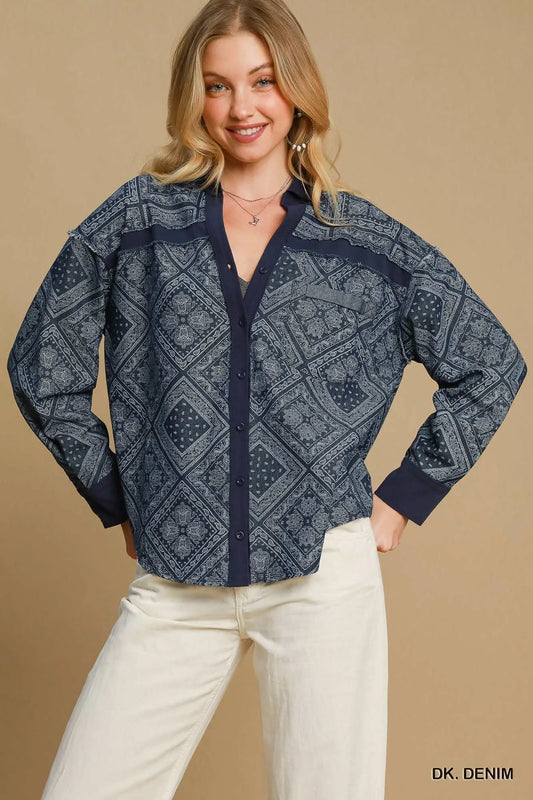 Umgee Paisley Print Denim Shirt Jacket DK. DENIM Easy Apparels