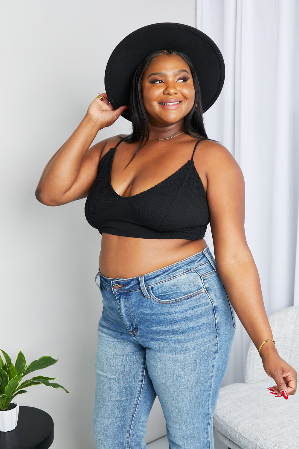 Zenana Full Size Textured Spaghetti Strap Bralette in Black Easy Apparels