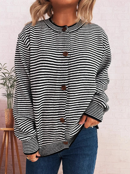 Striped Button Up Long Sleeve Cardigan Easy Apparels