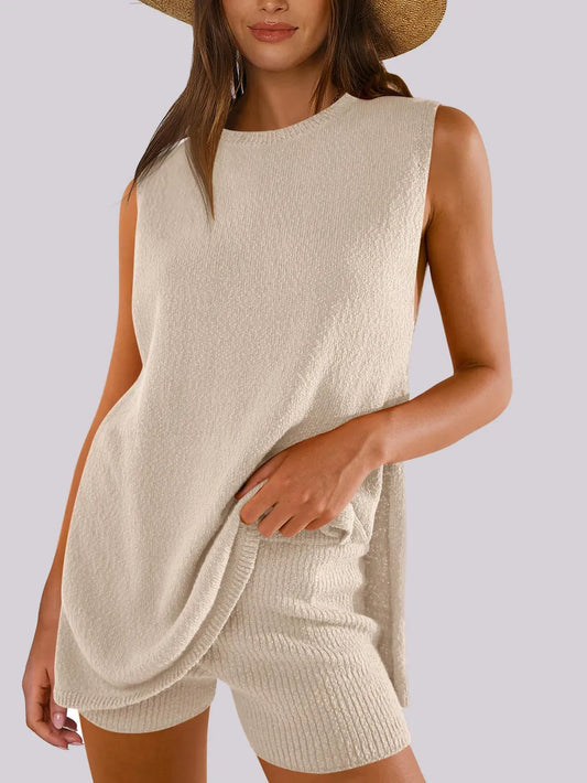 Side Slit Round Neck Tank and Ribbed Shorts Sweater Set Dust Storm Easy Apparels