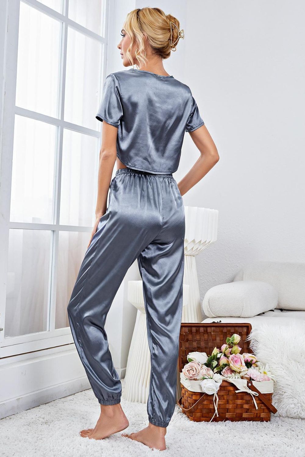 Satin Short Sleeve Crop Top and Joggers Lounge Set Easy Apparels
