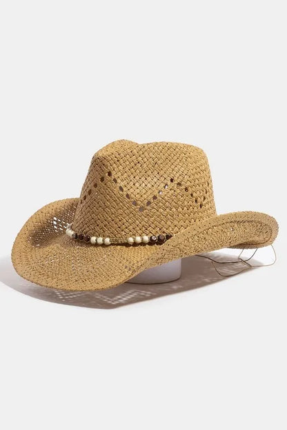 Fame Mixed Beaded Strap Western Fedora Straw Hat Khaki One Size Easy Apparels