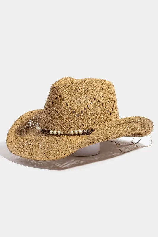 Fame Mixed Beaded Strap Western Fedora Straw Hat Khaki One Size Easy Apparels