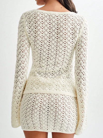 Button Up Crochet Cardigan and Skirt Sweater Set Easy Apparels