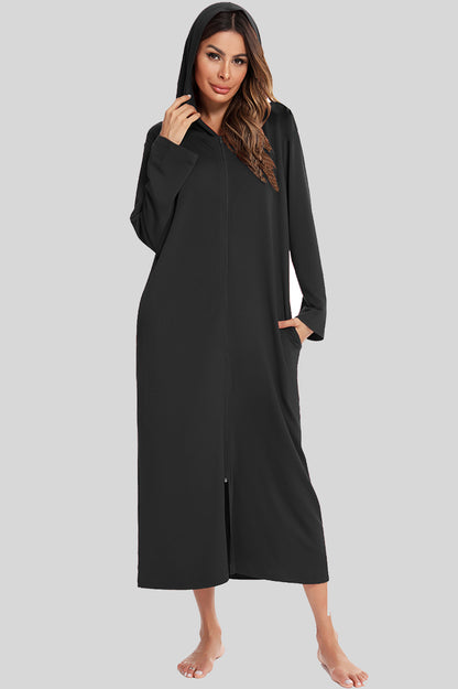 Zip Front Hooded Night Dress with Pockets Black Easy Apparels