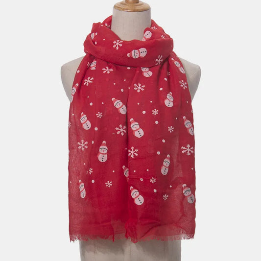 Fringe Snowman Polyester Scarf Red One Size Easy Apparels