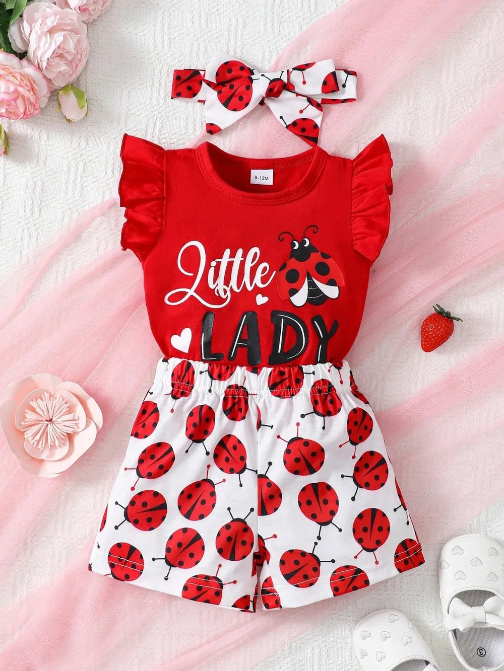 Children's Headband, Round Neck Ruffle Sleeve Top and Pants Set Red Easy Apparels