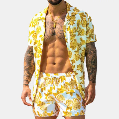 Men's Full Size Button Up Shirt and Shorts Set Plus Size Yellow Easy Apparels