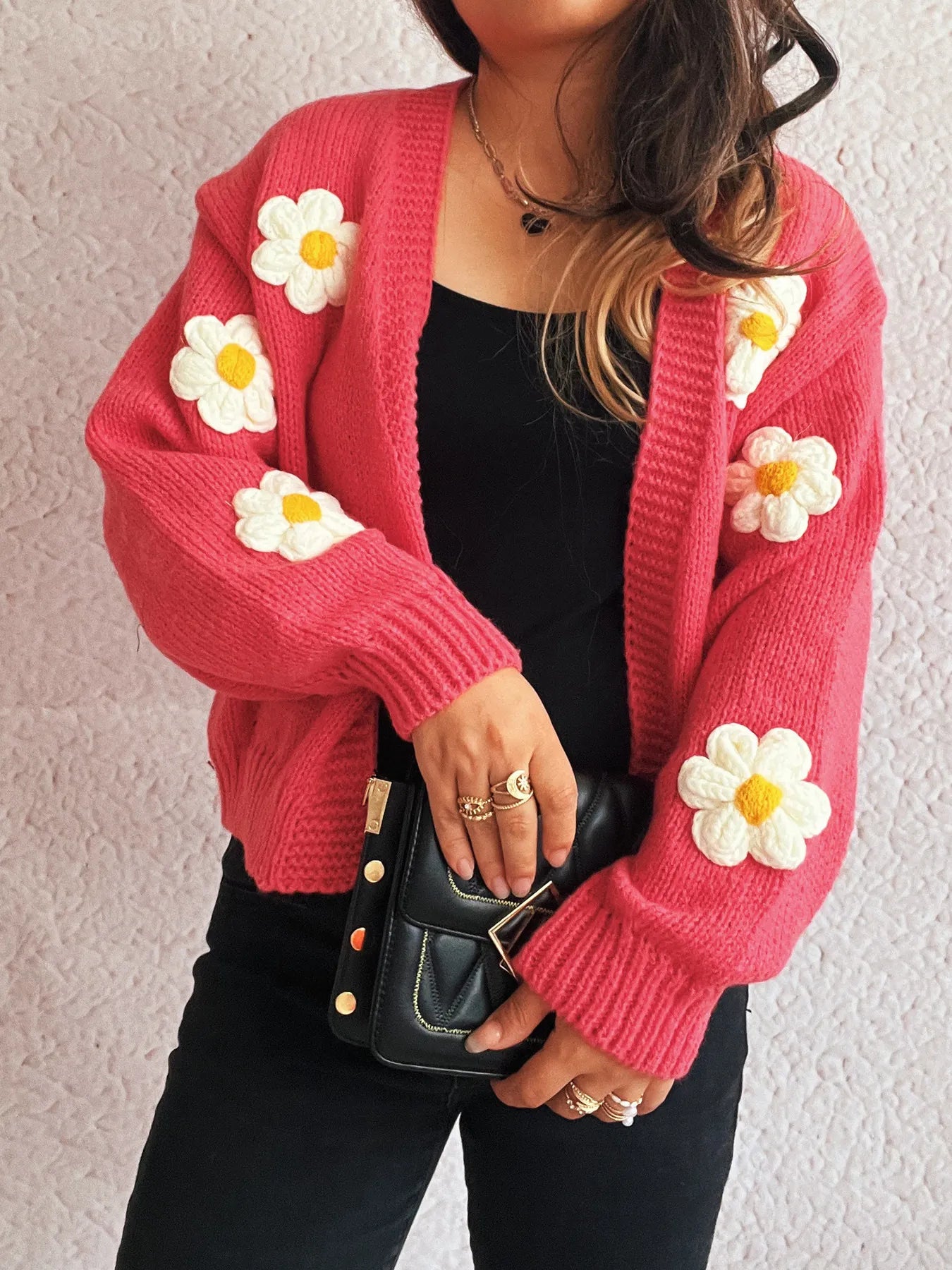 Flower Open Front Long Sleeve Cardigan Watermelon Red One Size Easy Apparels