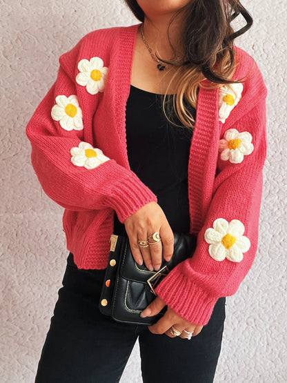Flower Open Front Long Sleeve Cardigan Watermelon Red One Size Easy Apparels