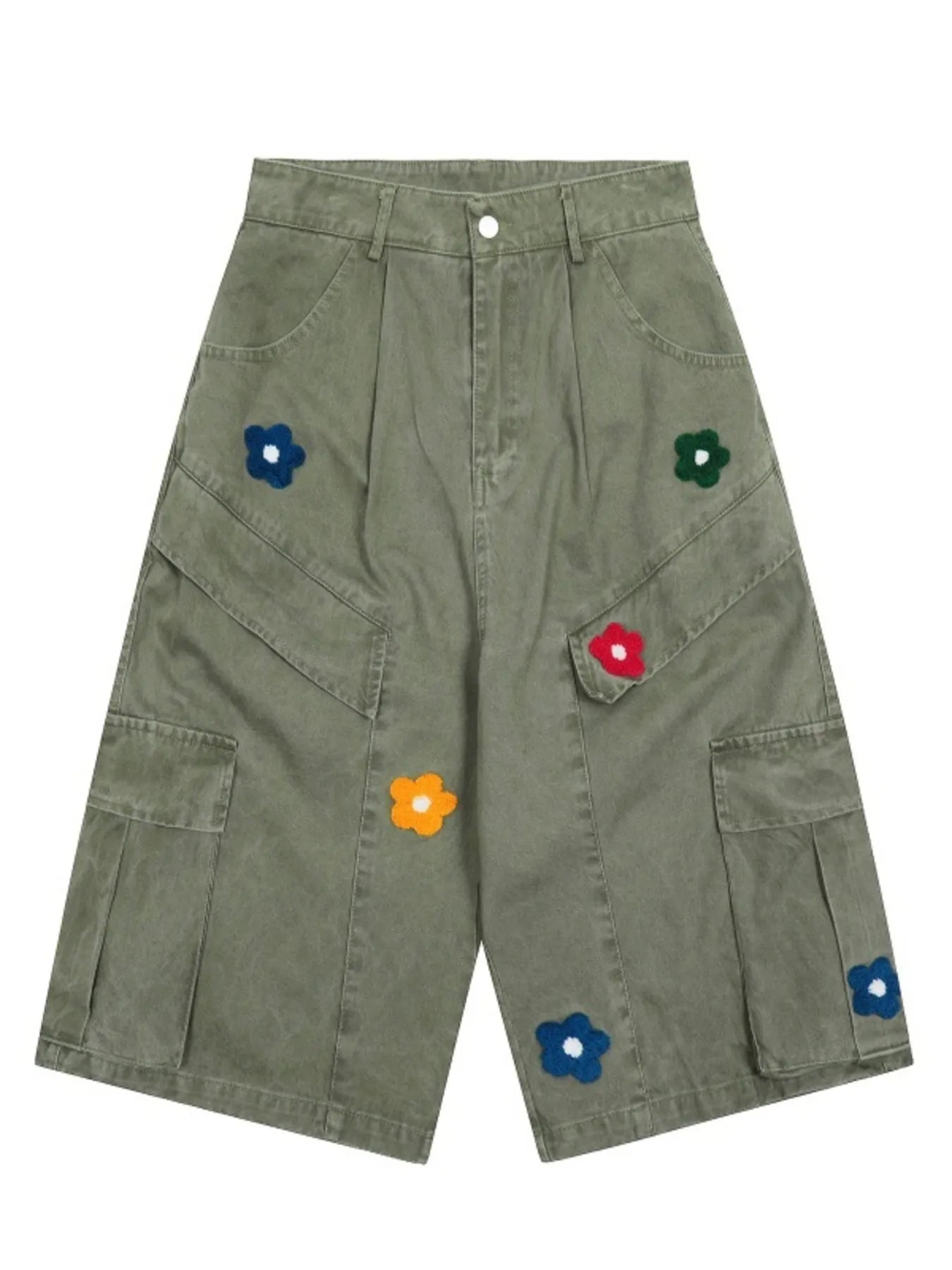Men's Flower Embroidered Denim Cargo Shorts Green Easy Apparels