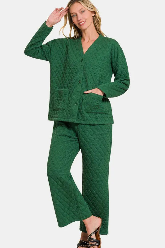 Zenana Quilted Button Up Long Sleeve Top and Pants Lounge Set Dark Green Easy Apparels