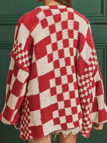 Checkered Open Front Long Sleeve Cardigan Easy Apparels