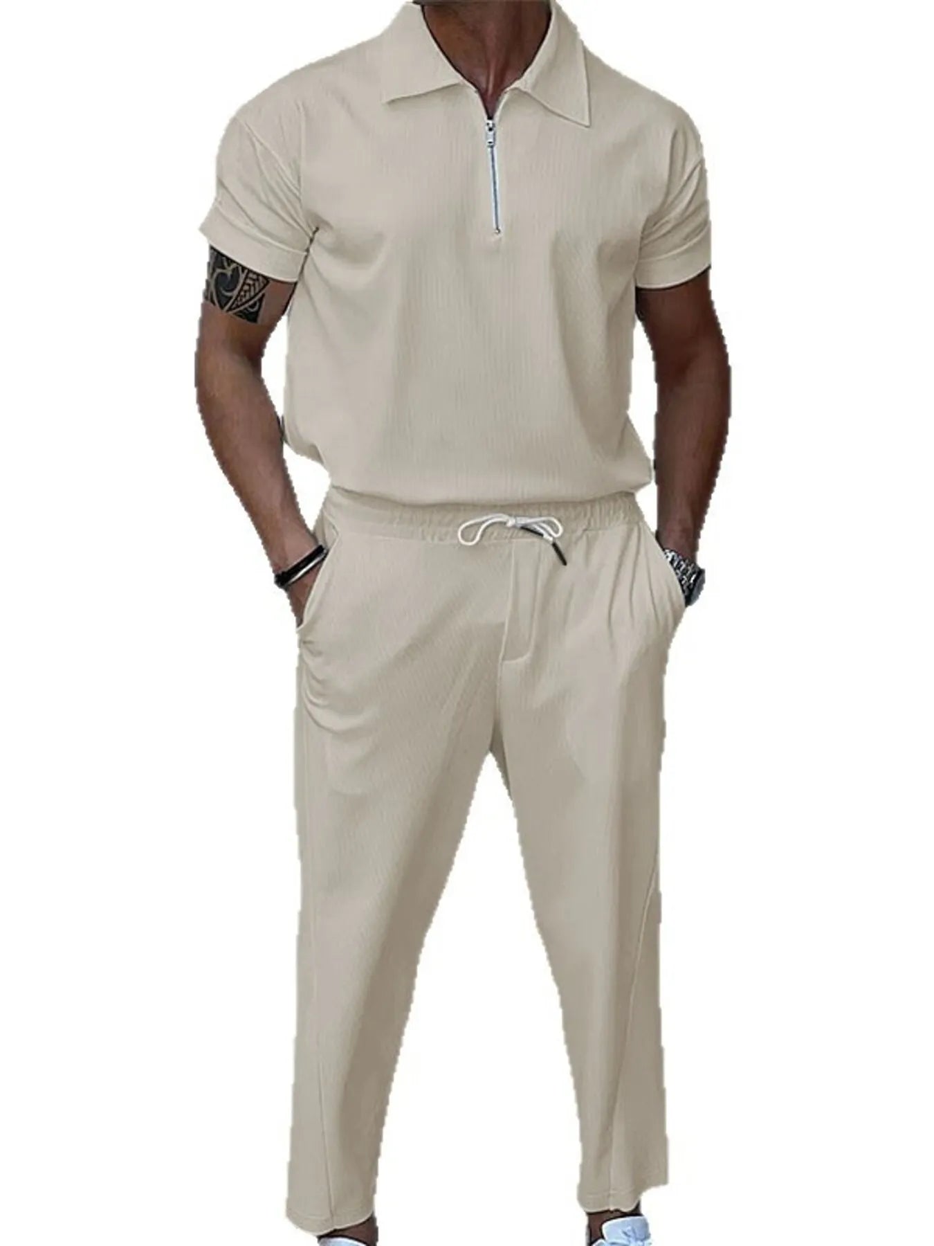 Men's Full Size Quarter Zip Short Sleeve Polo and Pants Set Plus Size Easy Apparels