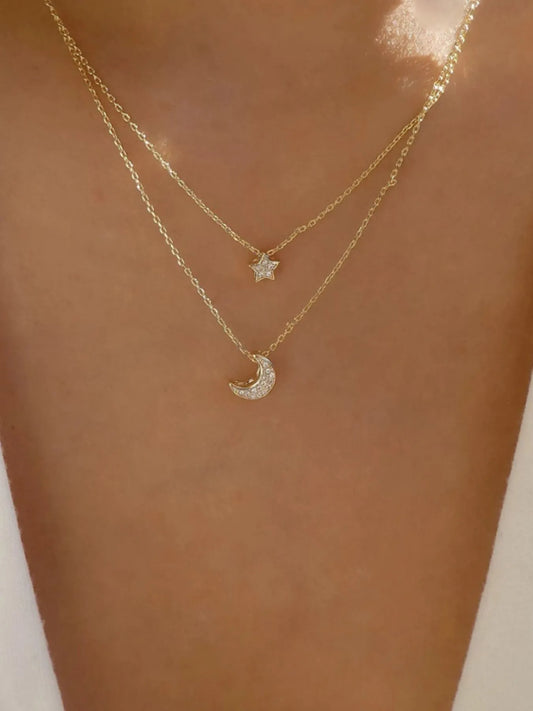 Double Layered Star and Moon Pendant Necklace Gold One Size Easy Apparels