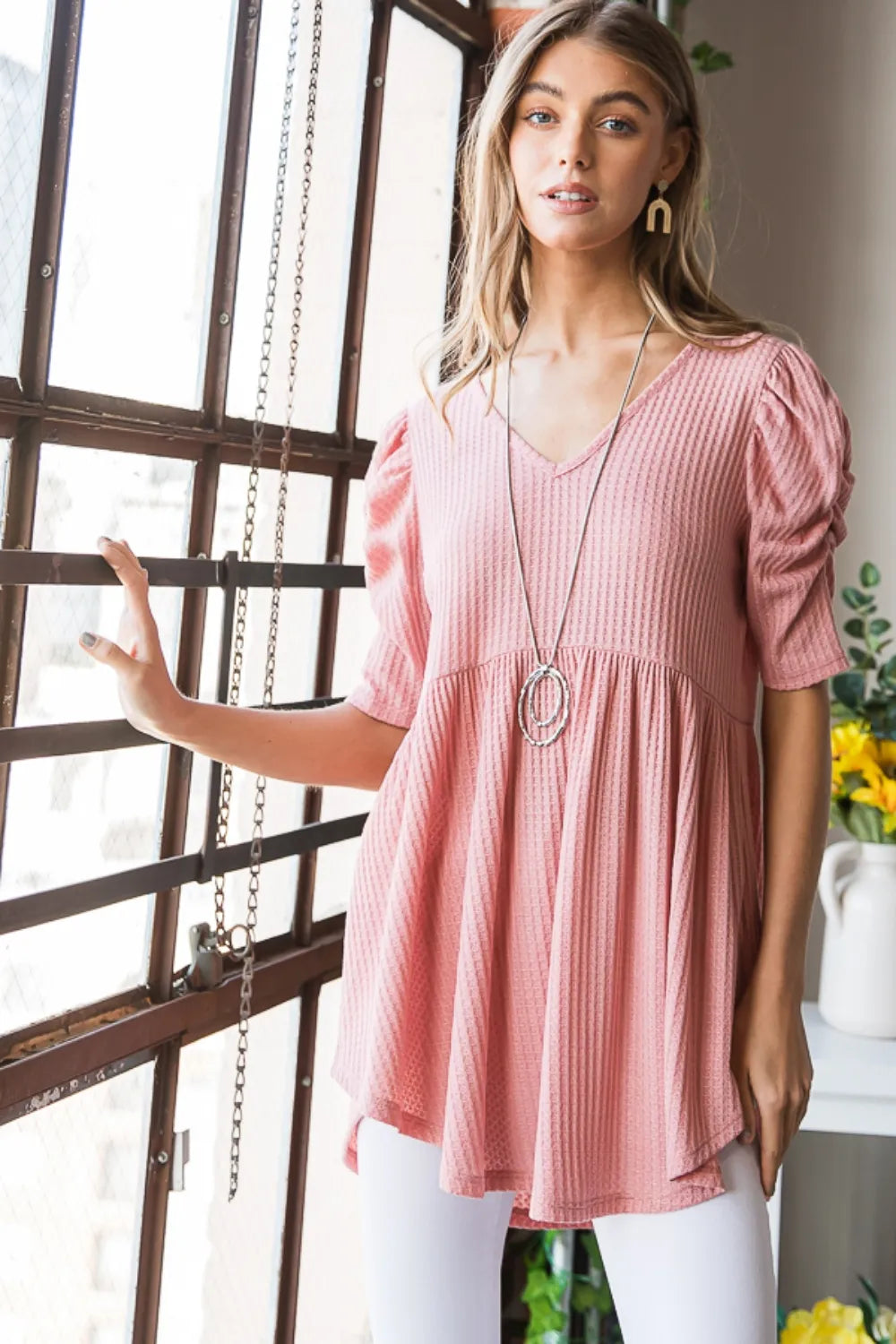 Trendsi Heimish Full Size Waffle Knit V-Neck Babydoll Top