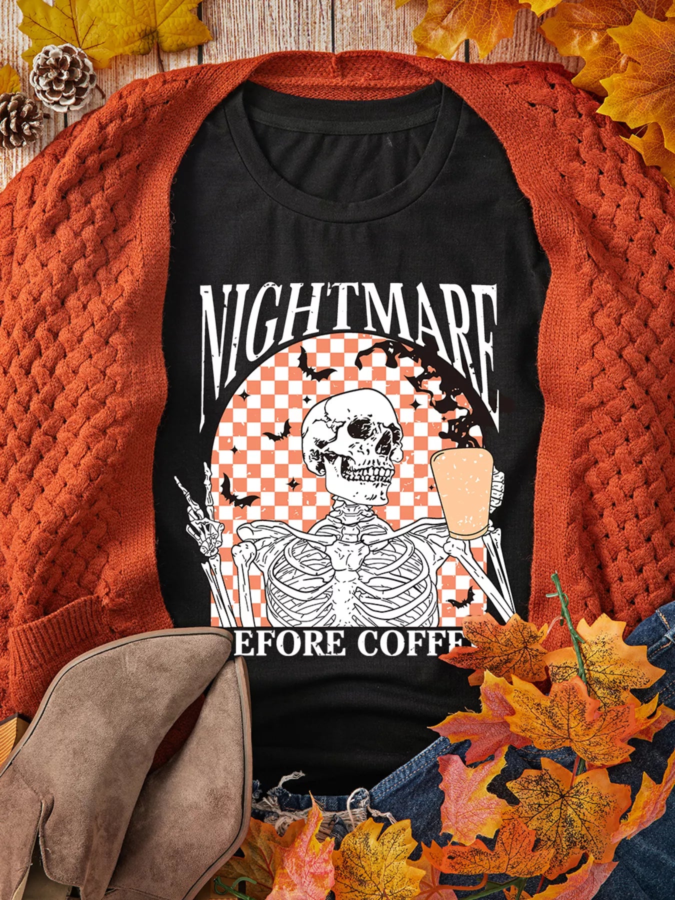 Halloween Skull Checkerboard Graphic Round Neck Tee Easy Apparels