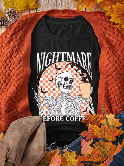 Halloween Skull Checkerboard Graphic Round Neck Tee Easy Apparels