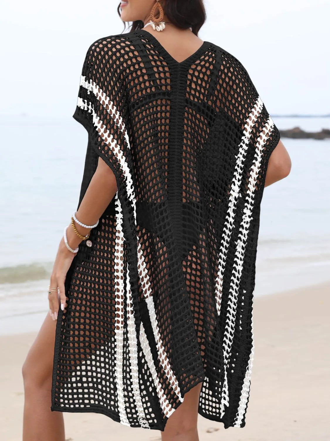Open Front Contrast Openwork Cover-Up Easy Apparels