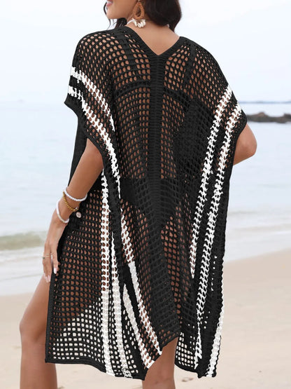 Open Front Contrast Openwork Cover-Up Easy Apparels
