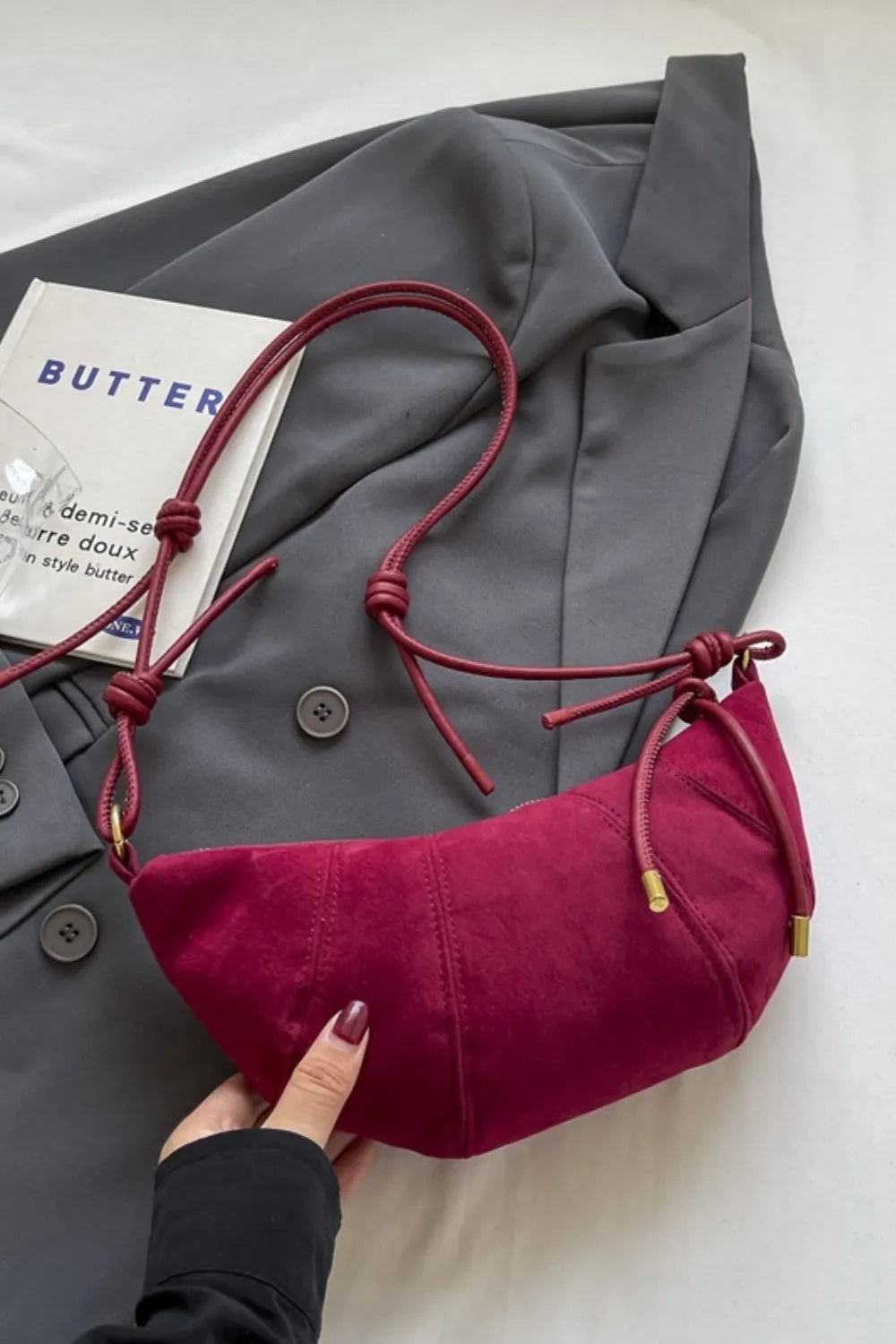 PU Leather Strap Suede Shoulder Bag Cerise One Size Easy Apparels