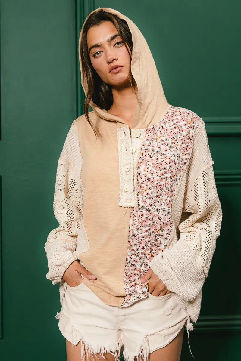 Trendsi BiBi Slub Jersey with Lace Combo Buttoned Hoodie Top