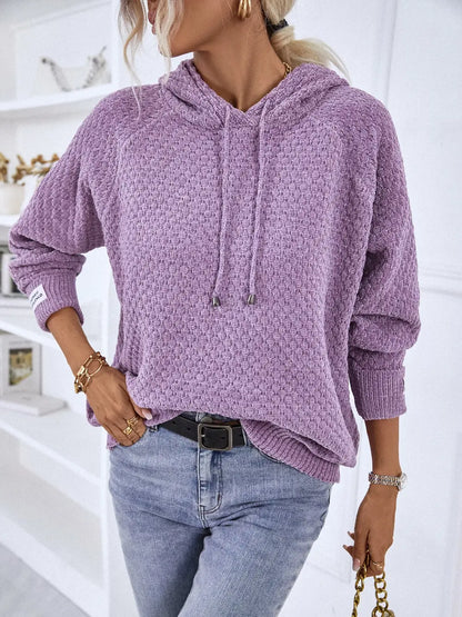 Texture Drawstring Long Sleeve Hooded Sweater Lavender Easy Apparels