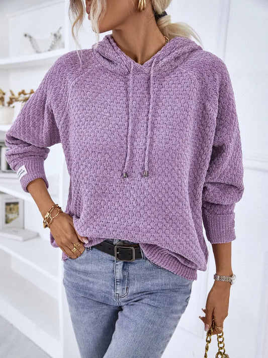 Texture Drawstring Long Sleeve Hooded Sweater Lavender Easy Apparels