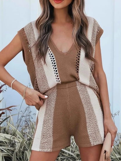 Openwork Color Block V-Neck Top and Shorts Sweater Set Camel Easy Apparels