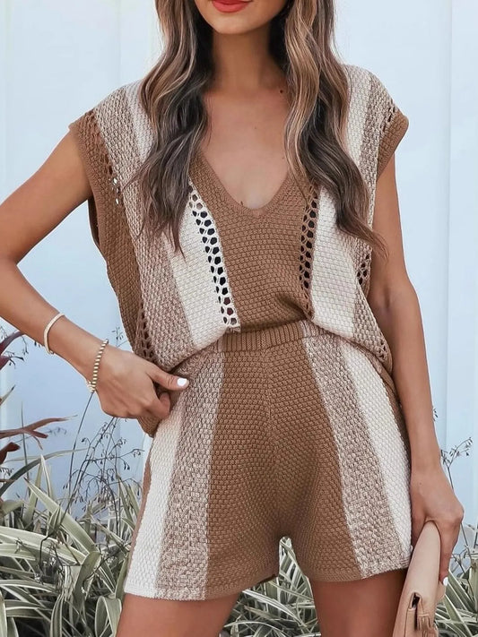 Openwork Color Block V-Neck Top and Shorts Sweater Set Camel Easy Apparels