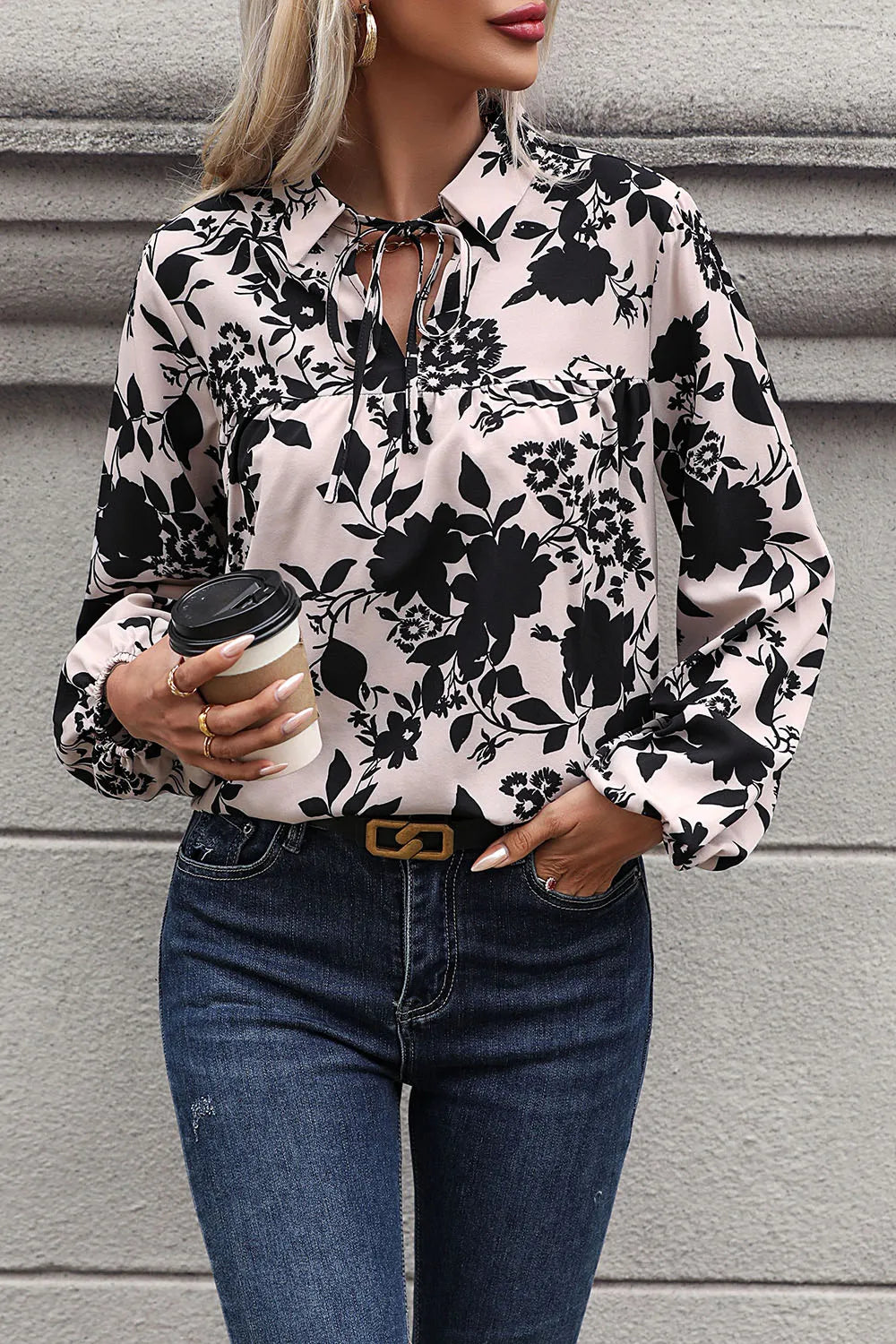 Trendsi Perfee Printed Tie Neck Balloon Sleeve Blouse