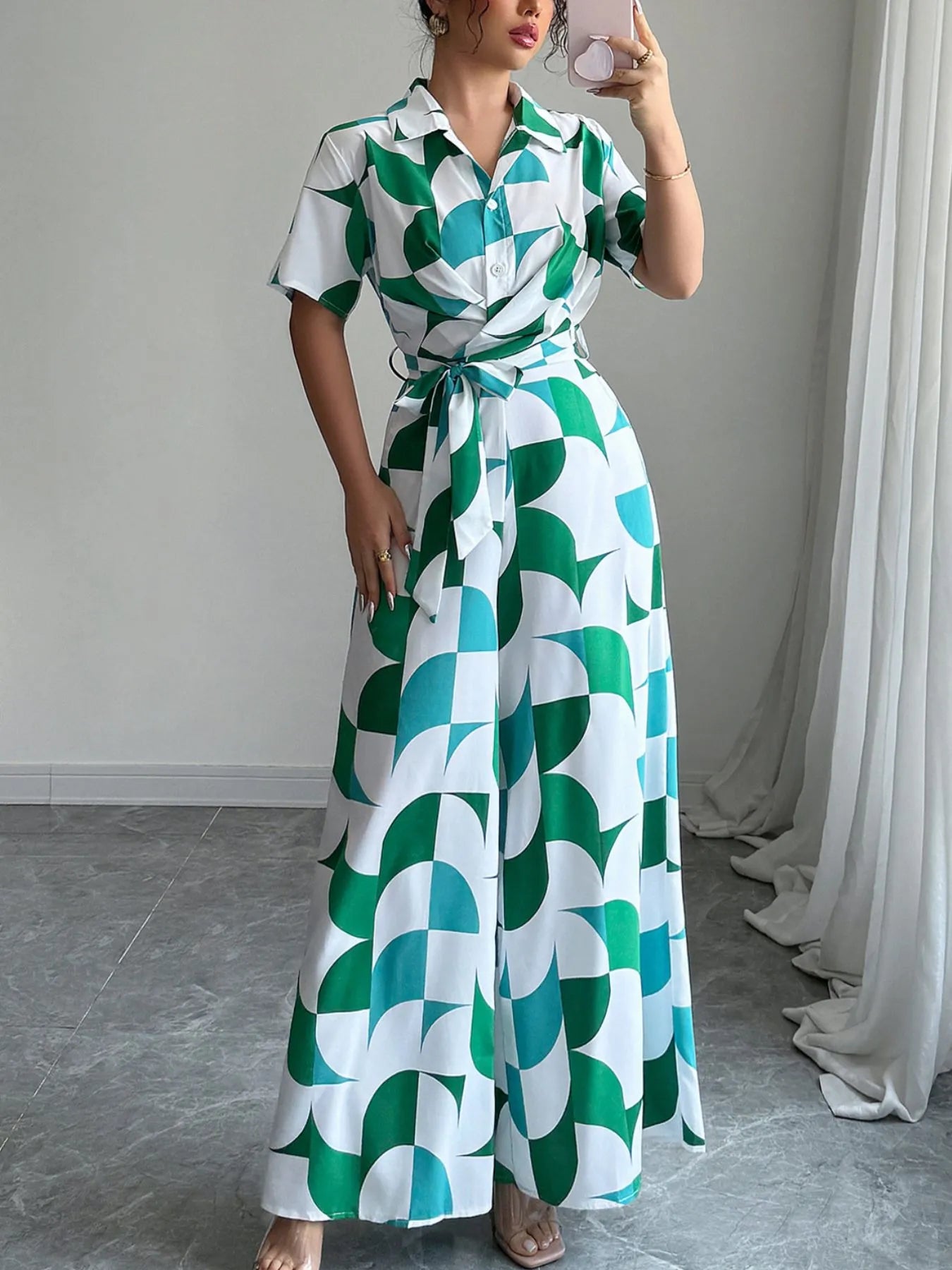 Printed Wide Leg Belted Jumpsuit Easy Apparels