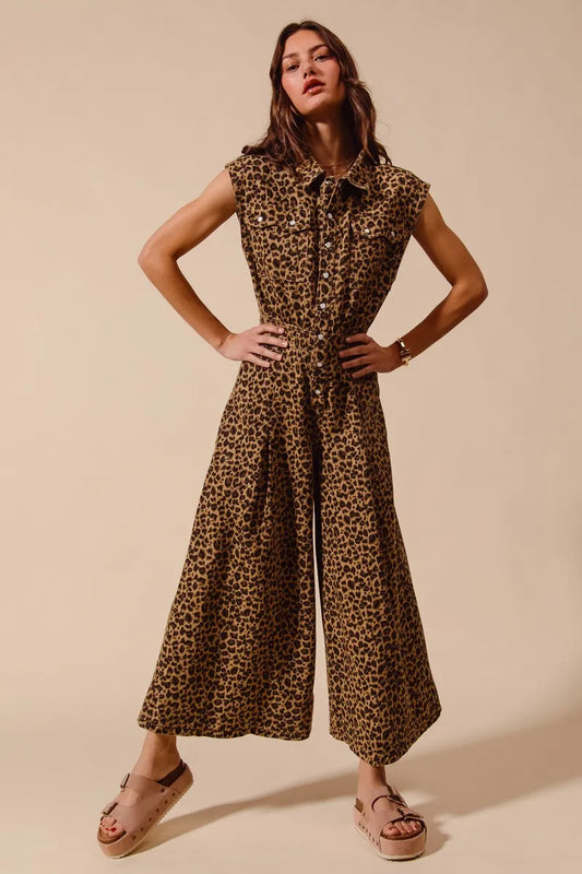 SO ME Wide Leg Leopard Twill Overalls Jumpsuit with Tuck LEOPARD Easy Apparels