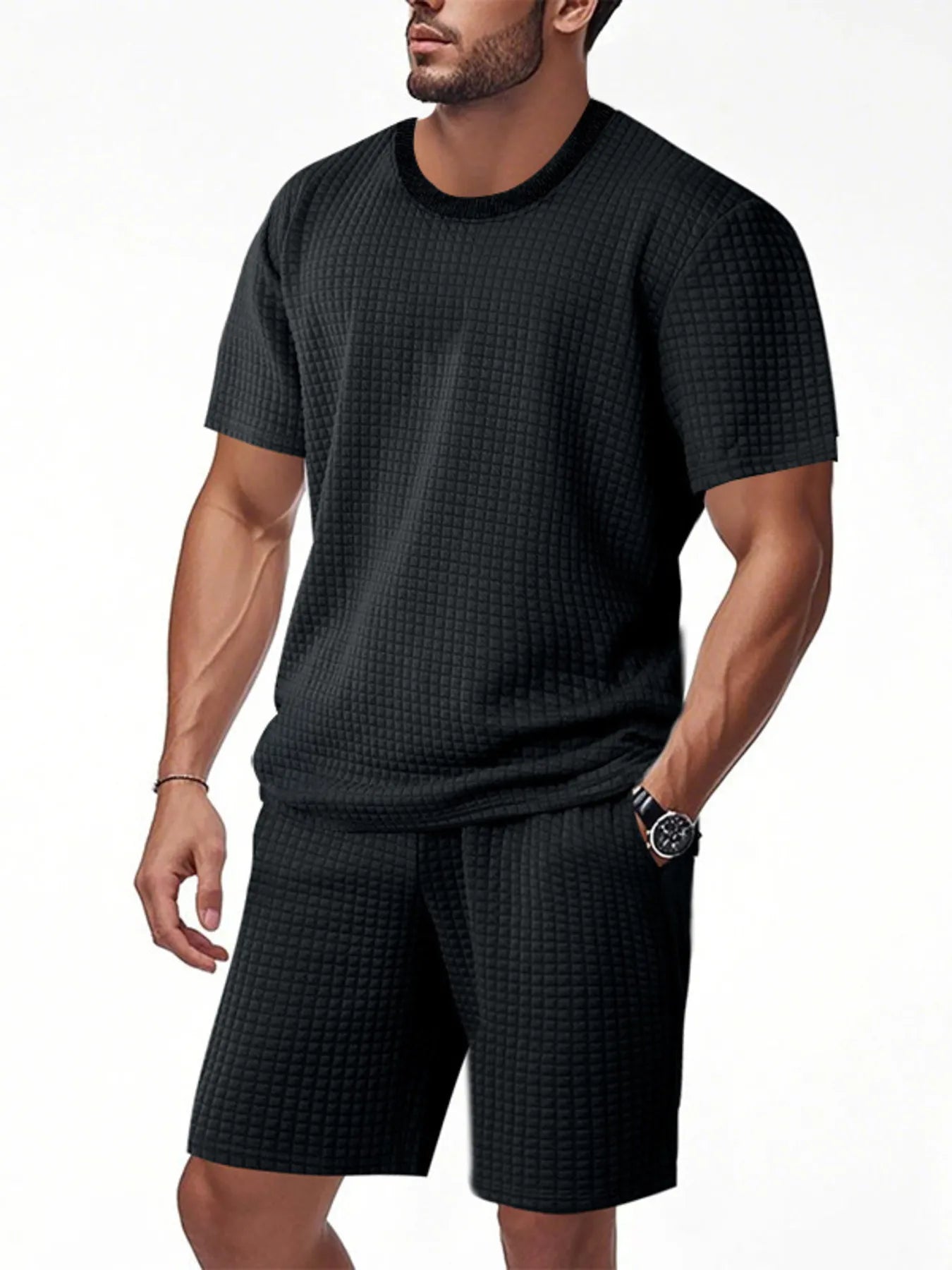 Men's Full Size Textured Round Neck Top and Shorts Set Plus SIze Black Easy Apparels