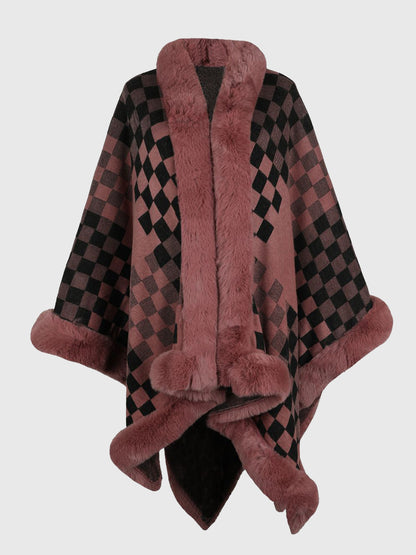 Checkered Faux Fur Trim Poncho Burnt Coral One Size Easy Apparels