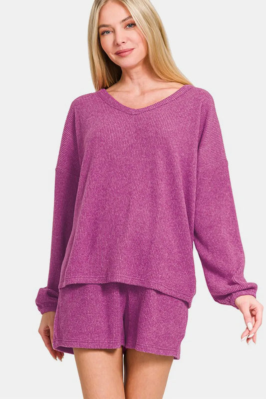 Zenana V-Neck Long Sleeve Ribbed Top and Shorts Set Red-Violet Easy Apparels