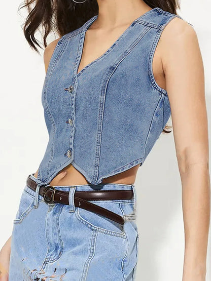 Button-Up Sleeveless Denim Vest Easy Apparels