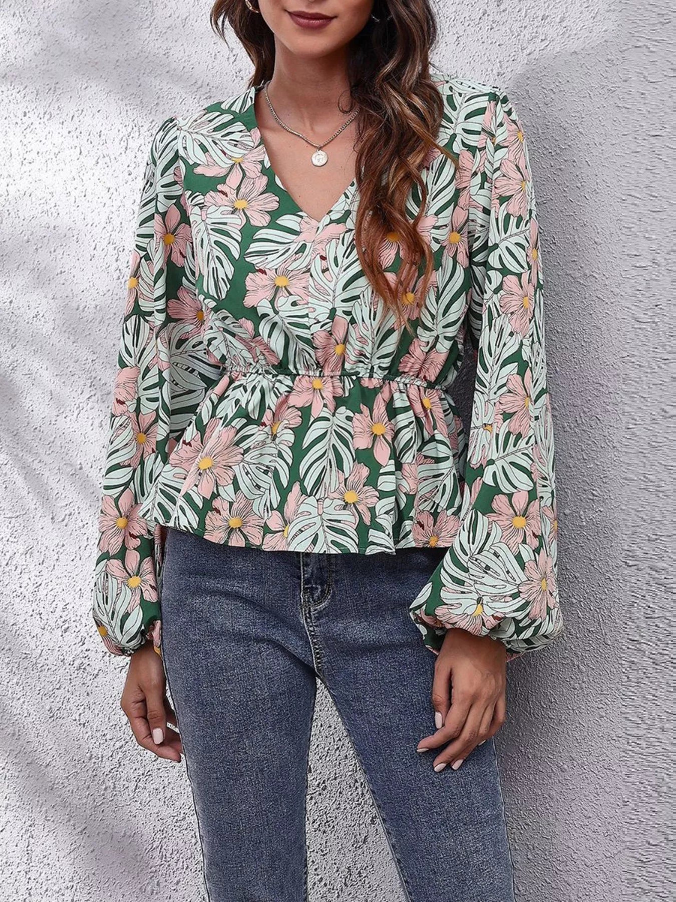 Trendsi Floral V-Neck Balloon Sleeve Blouse