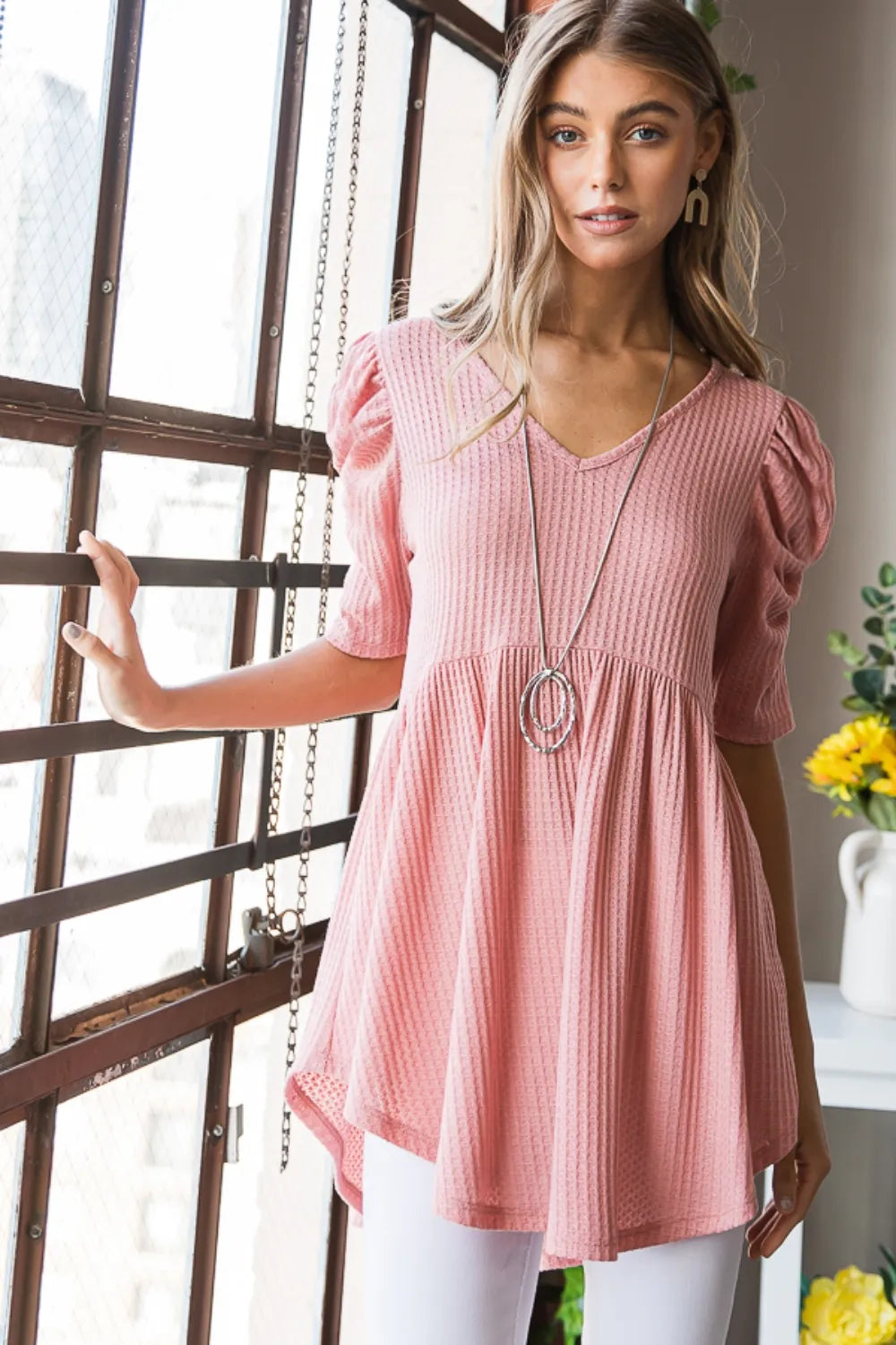 Trendsi Heimish Full Size Waffle Knit V-Neck Babydoll Top ROSE