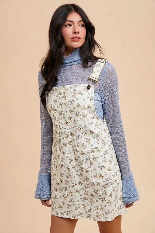 Annie Wear Stretch Ditsy Print Denim Overall Mini Dress IVORY Easy Apparels