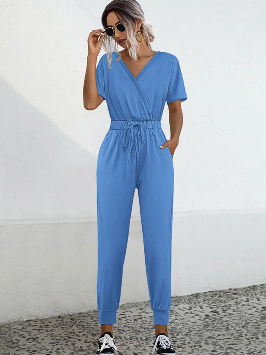 Drawstring Waist Short Sleeve Jumpsuit Sky Blue Easy Apparels