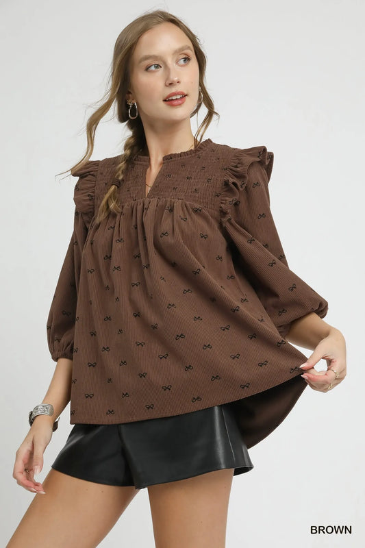 Trendsi Umgee Bow Print Corduroy Puff Sleeve Blouse with Ruffled Brown