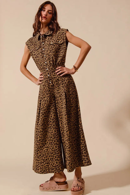 SO ME Wide Leg Leopard Twill Overalls Jumpsuit with Tuck Easy Apparels