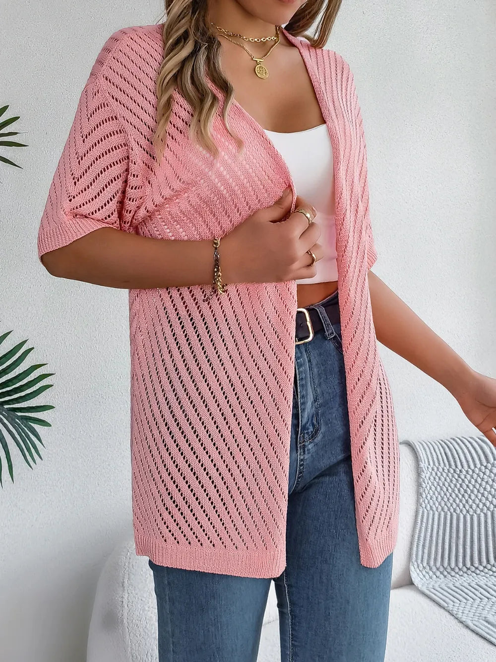 Openwork Open Front Half Sleeve Cardigan Easy Apparels